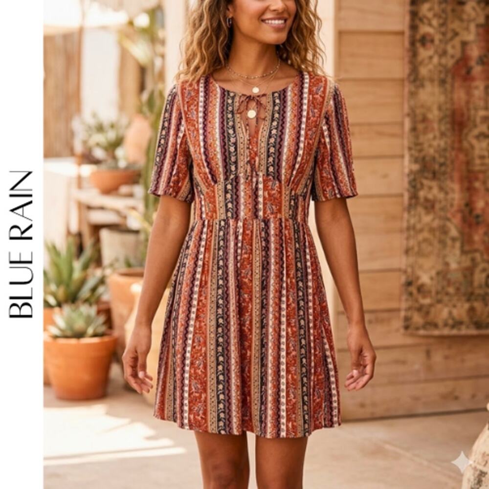 Blue Rain Floral Mini Dress Size Small Boho Coastal Vacation